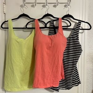 3 Women's Tank Tops with built in Bra 38D- Lime, Coral, and Black Striped